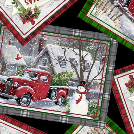 QT Fabrics - Winter Greetings, Christmas Postcards, Black