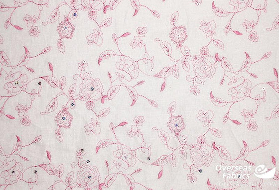Linen Cotton 56" - Floral Sequin Embroidery, Magenta (Jul 2021)