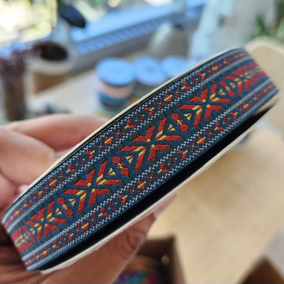 18m Roll - Jacquard Trim 25mm (1") - X Border, Blue