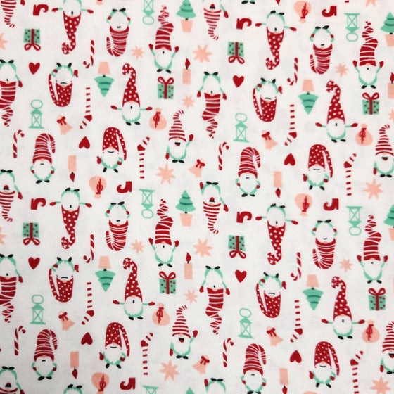 Flannelette Print 45" - Christmas Gnomes, White (Summer 2023)