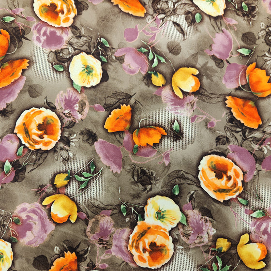 Dress Crepe 45" - Design 01, Merry Marigolds, Brown (Summer 2023)