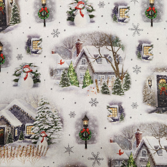 QT Fabrics - Winter Greetings, Christmas Village, White
