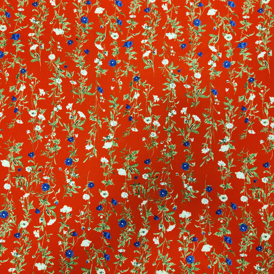 Peachskin Crepe 60" - Design 01, White Blue Flowers, Red (Spring 2024)