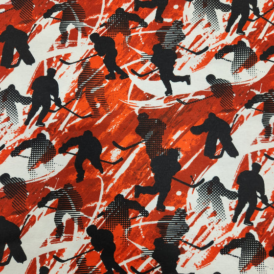 Flannelette Print 45" - Hockey Players, Red (Summer 2024)