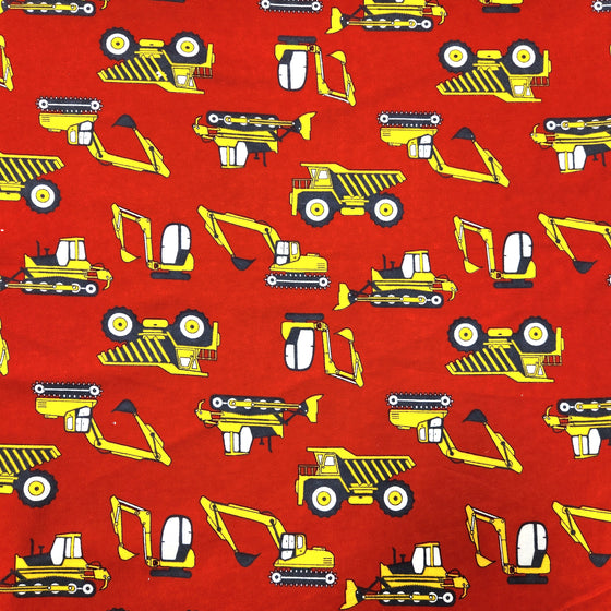 Flannelette Print 45" - Construction Vehicles, Red (Spring 2025)