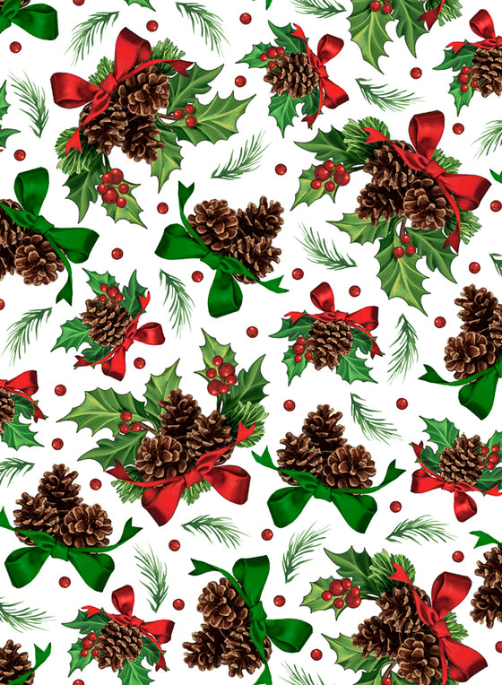 QT Fabrics - Winter Greetings, Holly and Pine, White