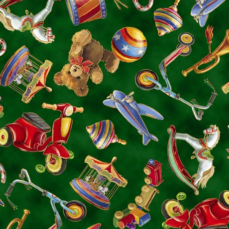 QT Fabrics - Santa's Night Out, Tossed Toys, Green