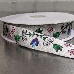 Jacquard Trim 25mm (1") - Flowers, White