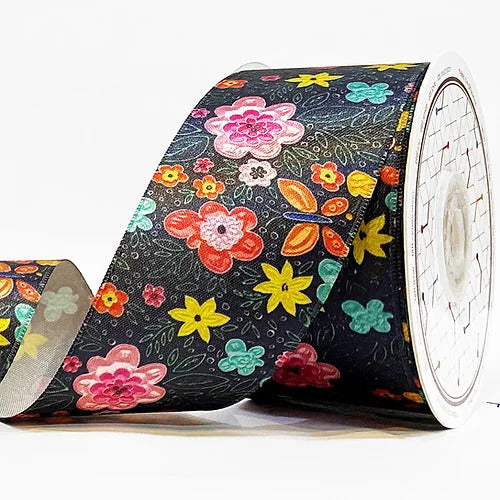 Printed Ribbon 51mm (2") - Butterfly Floral, Black