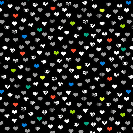 StudioE Fabrics - Black & White with a Touch of Bright, Small Hearts, Black