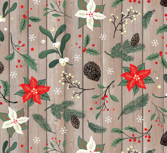 StudioE Fabrics - Chickadee Christmas Choir, Poinsettias and Branches, Brown