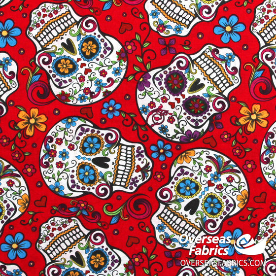 David Textiles - Folkloric Skulls, Sugar Skulls, Red