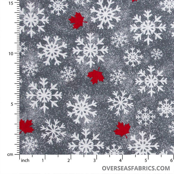 Windham Fabrics - Canadian Christmas, Snowflakes and Maple Leaves, Grey