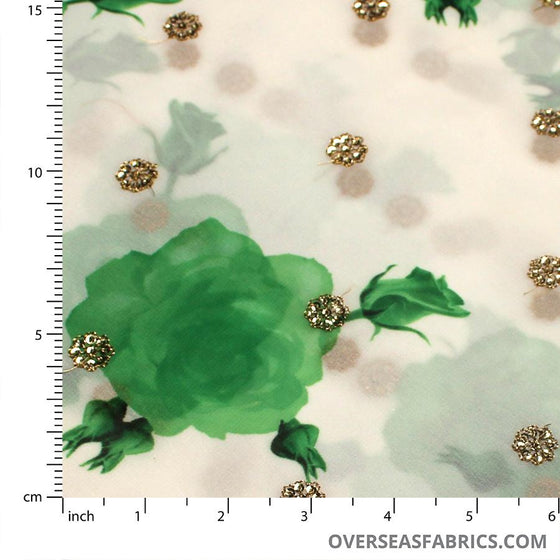 Printed Chiffon 45" - Gold Embroidered Roses, Green (Fall 2021)