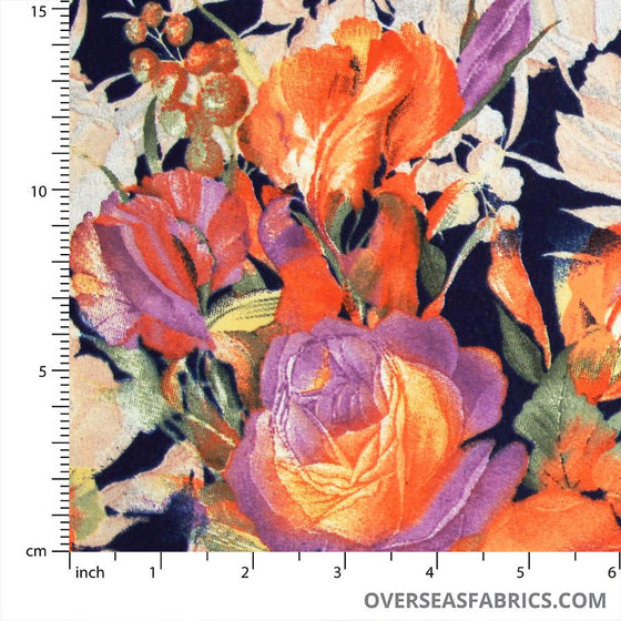 Dress Crepe 45" - July 2020 Collection; Design 07 - Navy Floral, Orange