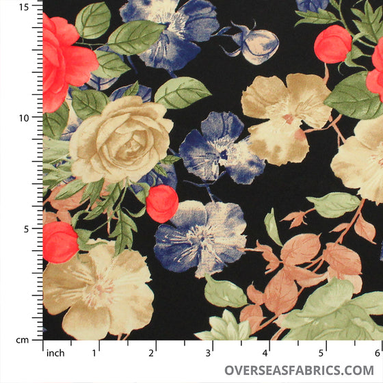Dress Crepe 45" - Design 07, Regal Rosebushes, Black (Spring 2022)