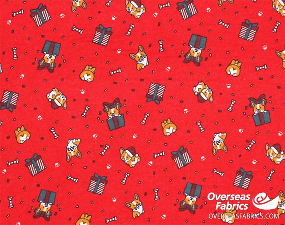 Flannelette Print 45" - Corgi Christmas, Red (Winter 2022)