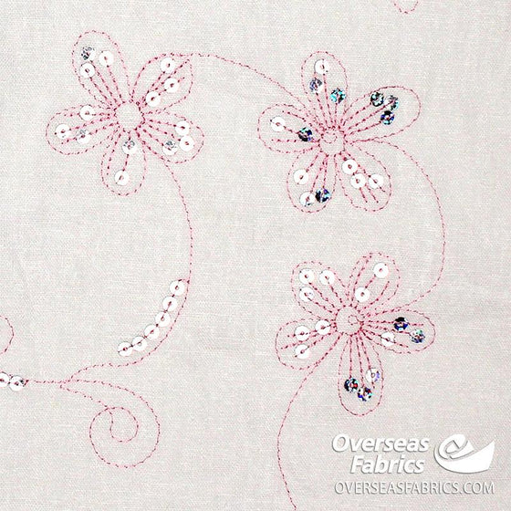 Linen Cotton 56" - Floral Sequin Embroidery, Pink (Jul 2021)