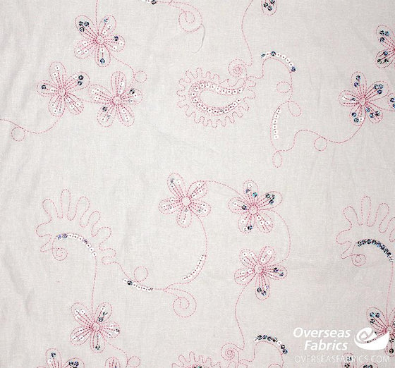 Linen Cotton 56" - Floral Sequin Embroidery, Pink (Jul 2021)